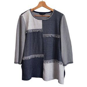 Ming Wang Women Tunic Top Size XL Navy Stripe Nautical Patchwork Boho Coastal